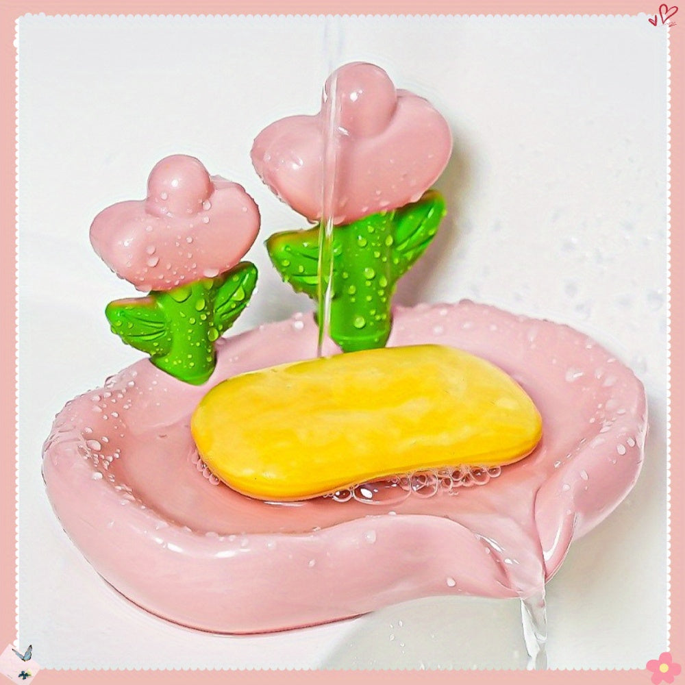 FloraDrain | Zachtroze & Mintgroene Bloemen Zeepbak – Antislip Bodem, Zelfafvoerend Ontwerp