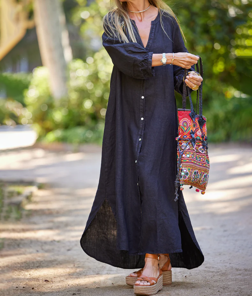 Selmira | Dames linnen losse midi jurk – Casual zomerse ademende tuniekjurk