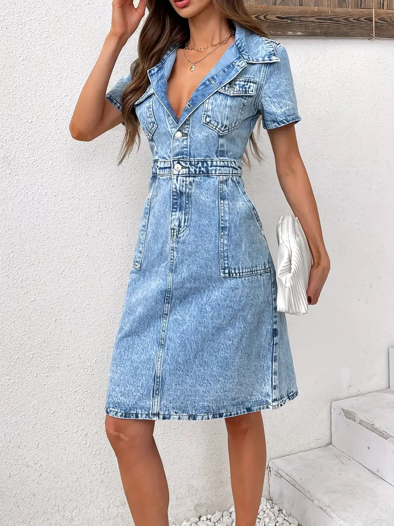 Elavelle | Dames denim mini jurk – Korte mouwen slim fit jeansjurk