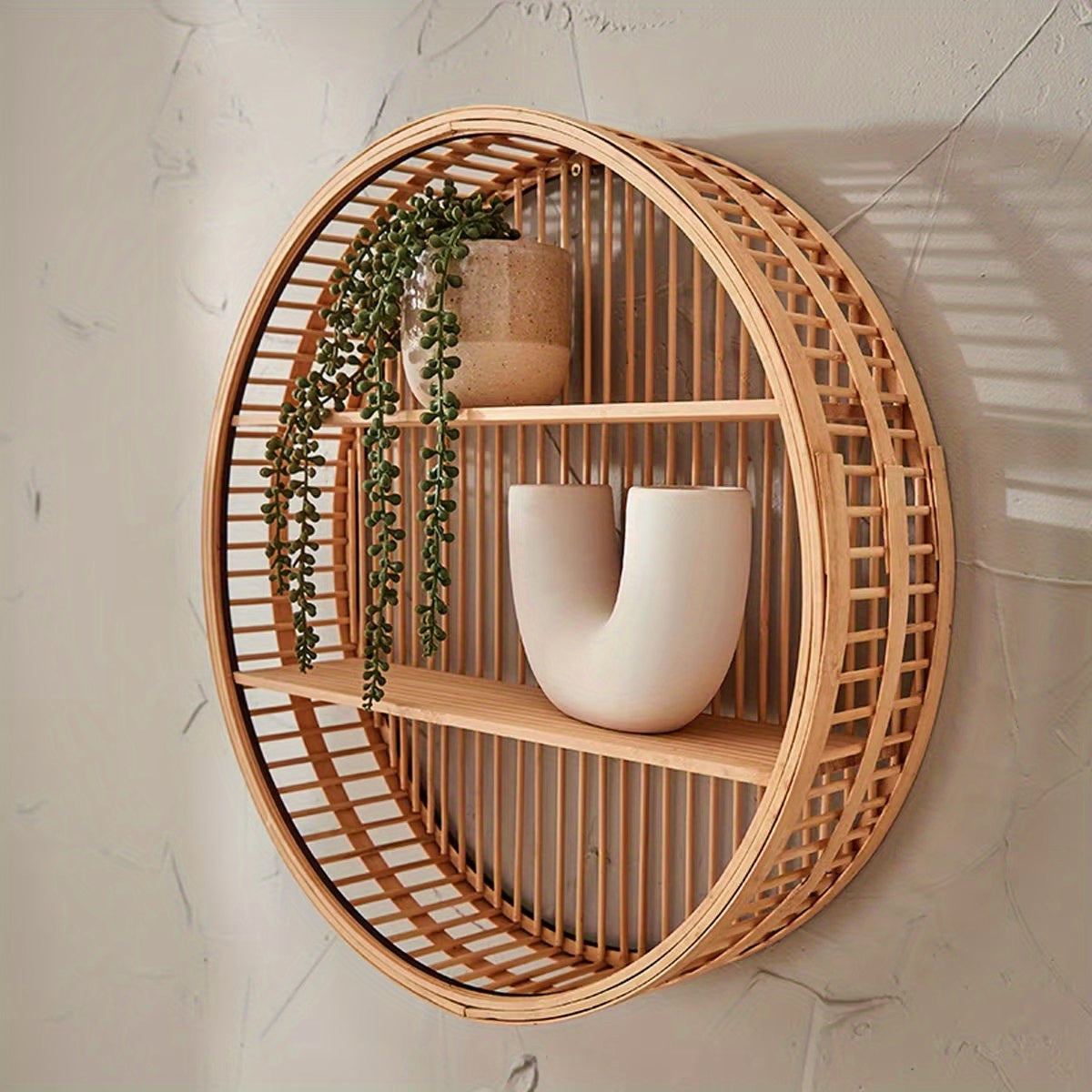 VibeNook | Boho handgemaakte bamboe wandplanken - Zwevende ronde plank
