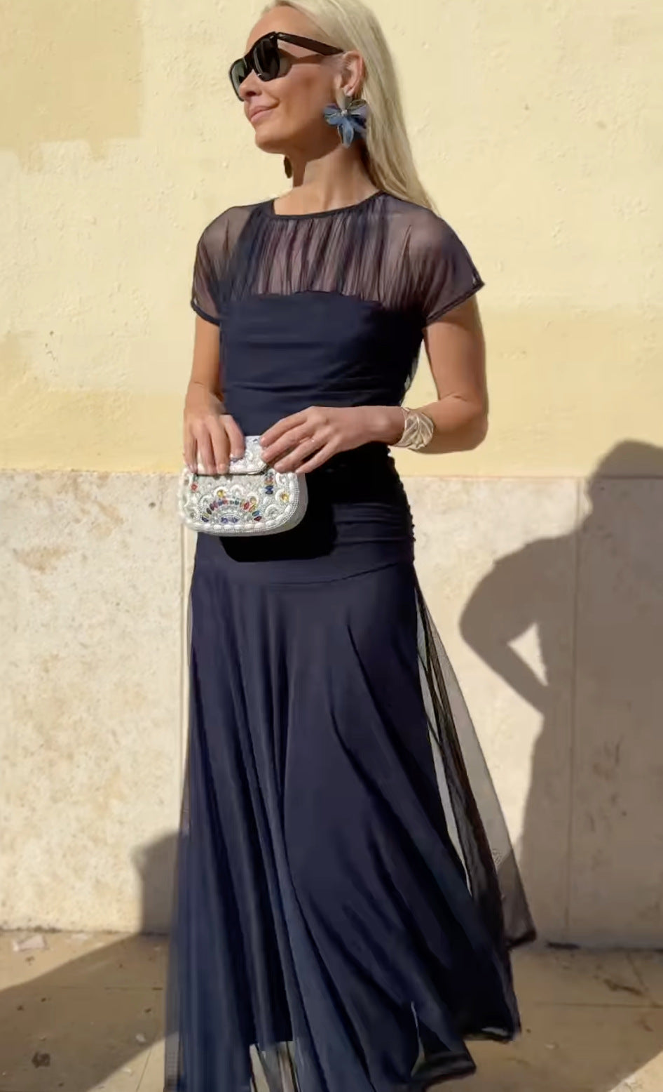 Quenby | Chiffon midi-jurk voor dames – elegante zwierige A-lijn jurk met ronde hals