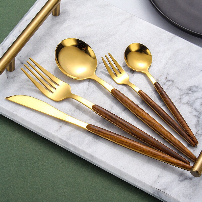 Woodspire | Elegante bestekset met houten handvat - Topkwaliteit, stijlvol ontwerp