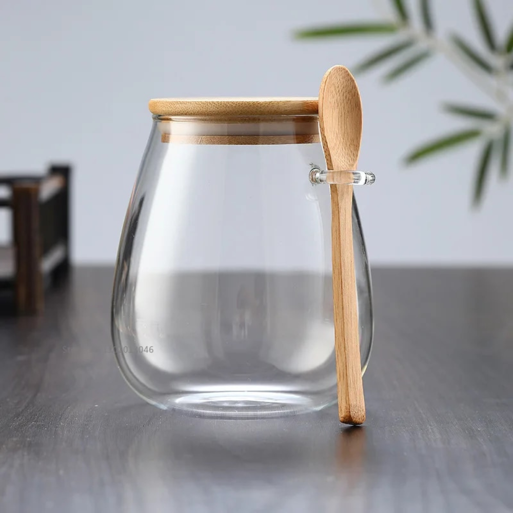 JarZen | Glazen Pot met Houten Bamboe Deksel en Lepel – Keukenopslagcontainer, Luchtdichte
