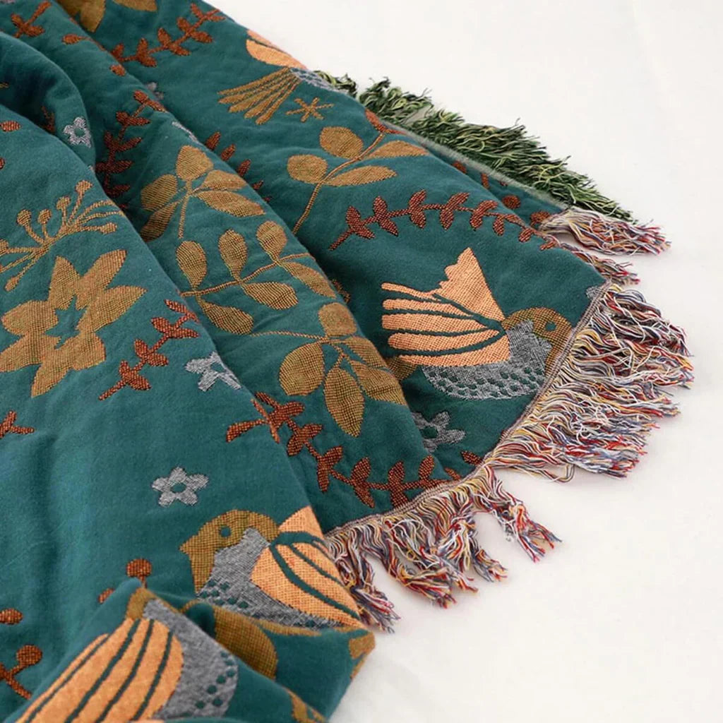 NestleBlanket | Omkeerbare deken met Scandinavisch vogelpatroon – Zacht, knus, boho-stijl