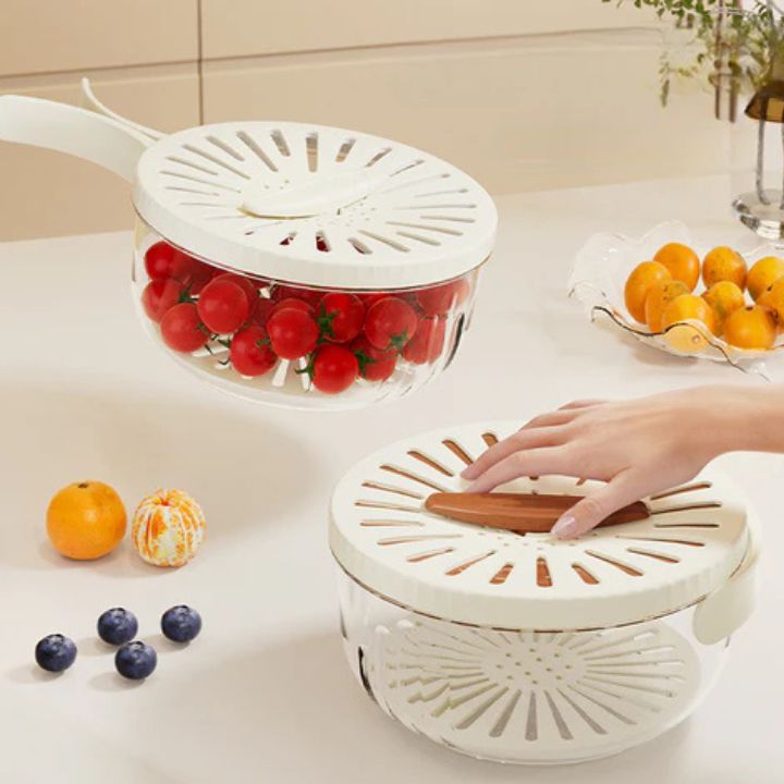 FlowBasket | 2-in-1 mand voor uitlekken en bewaren - ruimtebesparende oplossing voor het bereiden en bewaren van fruit en groenten - vaatwasmachinebestendig