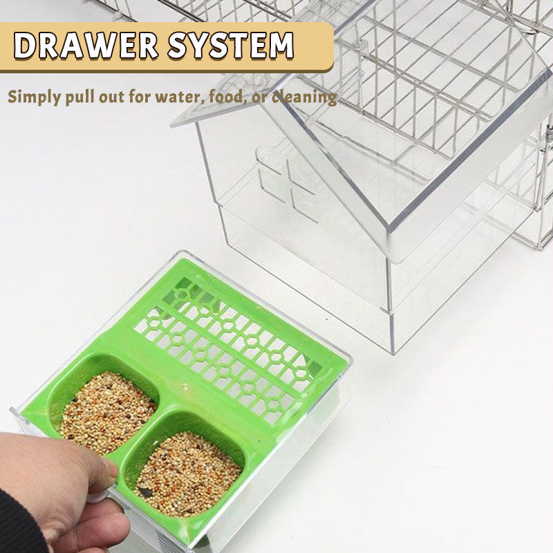 PerchHouse | Vogelvoederstation met dak, transparante 3-in-1 voederbak, bad en waterbak voor kooi of balkon