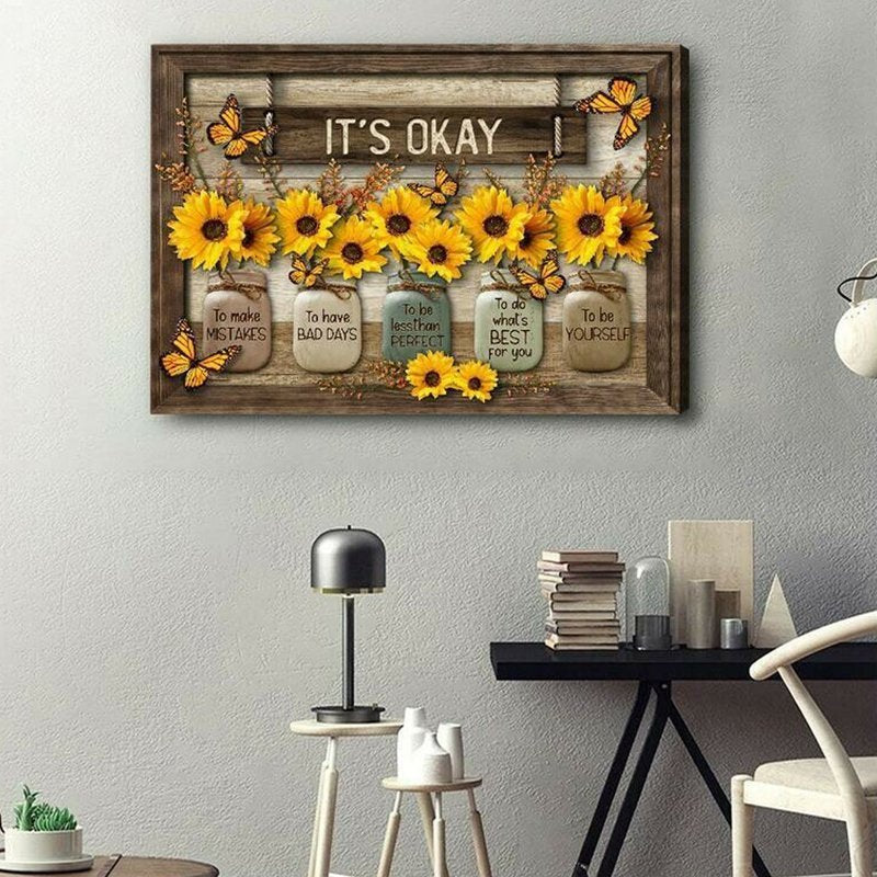 FlutterBloom | Vlinder- en Zonnebloemen Wandkunst Canvas Schilderij met Houten Lijst
