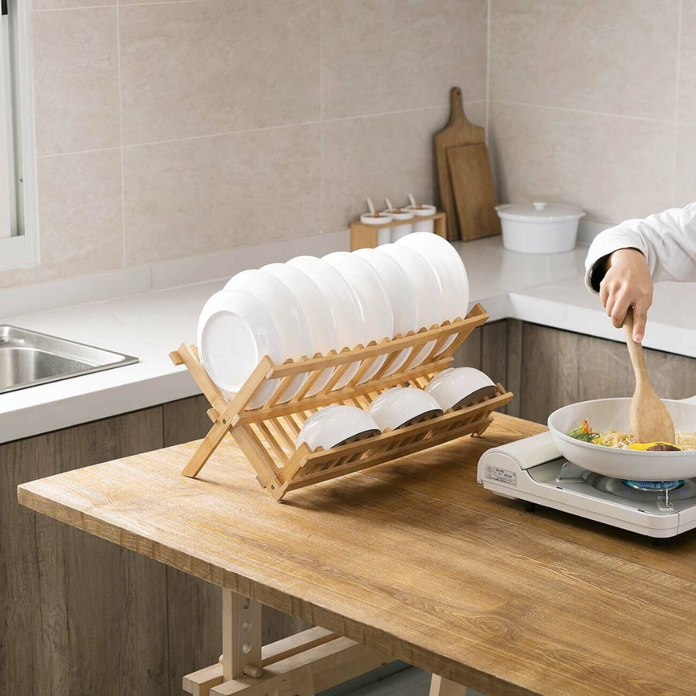 DishDock | Bamboe Afdruiprek – Bamboe Bord- en Kopjesdroger voor het Aanrecht