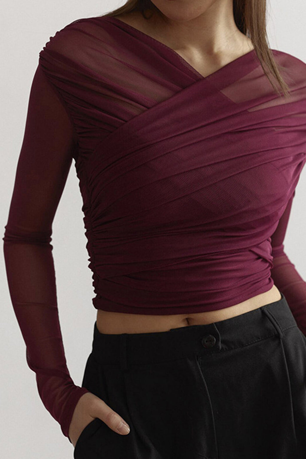 Zaira | Meshblouse met lange mouwen – cropped top met geplooide details, elegante, chique slim-fit