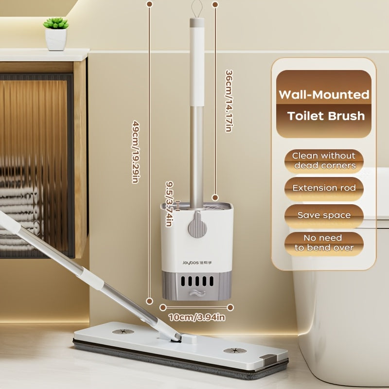 Rinzo | Wandgemonteerde toiletborstel en houder set – Lange steel, lekbak, geen dode hoeken