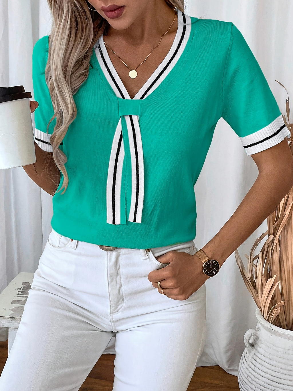Analya | Dames Zomer T-shirt met V-hals en Strik – Casual Gebreid, Lichtgewicht, Ademend