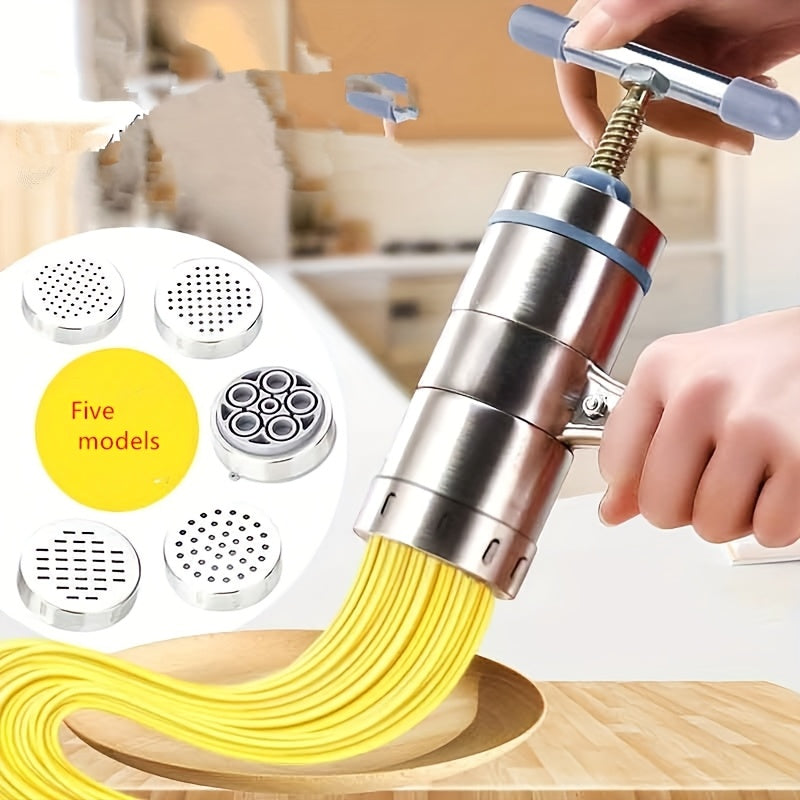 NoodleMate | Roestvrijstalen pastapers – Handmatige keukenpastamaker met 5 mallen