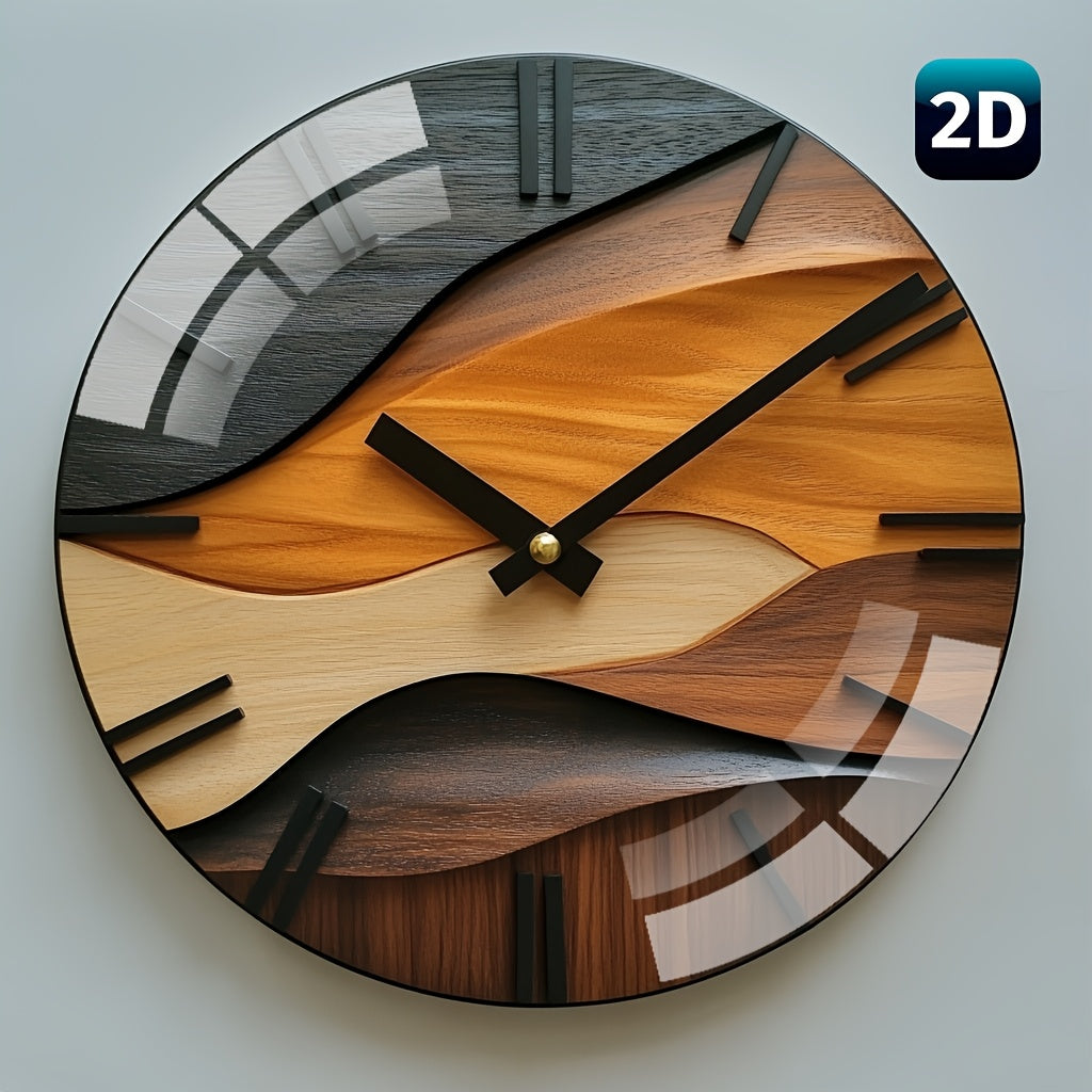 TimeRipple | 12″ Artistieke Ronde Glazen Wandklok - Scandinavisch Houtnerf-Gegolfd Ontwerp, 3 mm Gehard Glas Decor