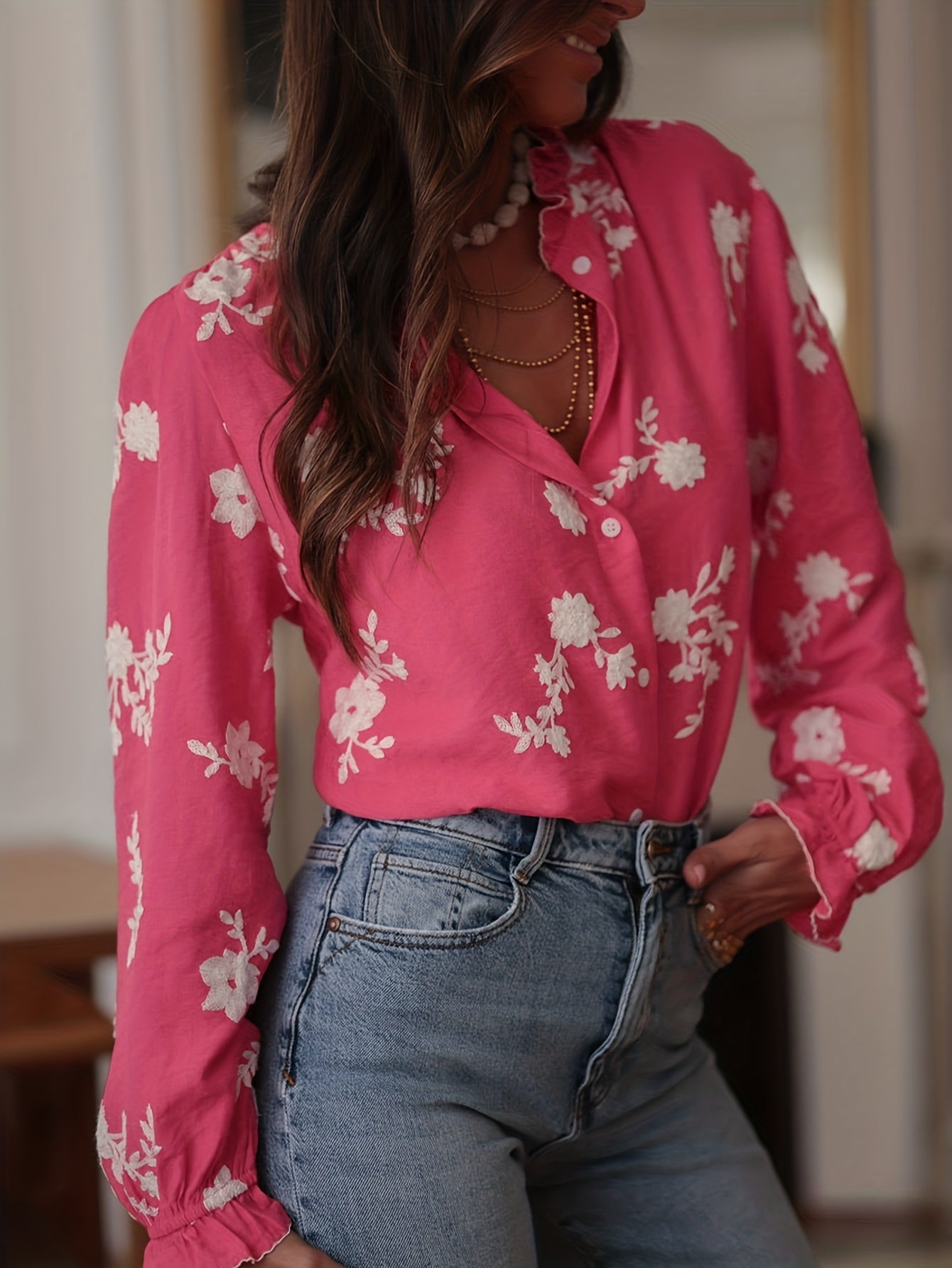 Omelia | Dames casual blouse met lange mouwen, bloemenborduursel, knopen aan de voorkant