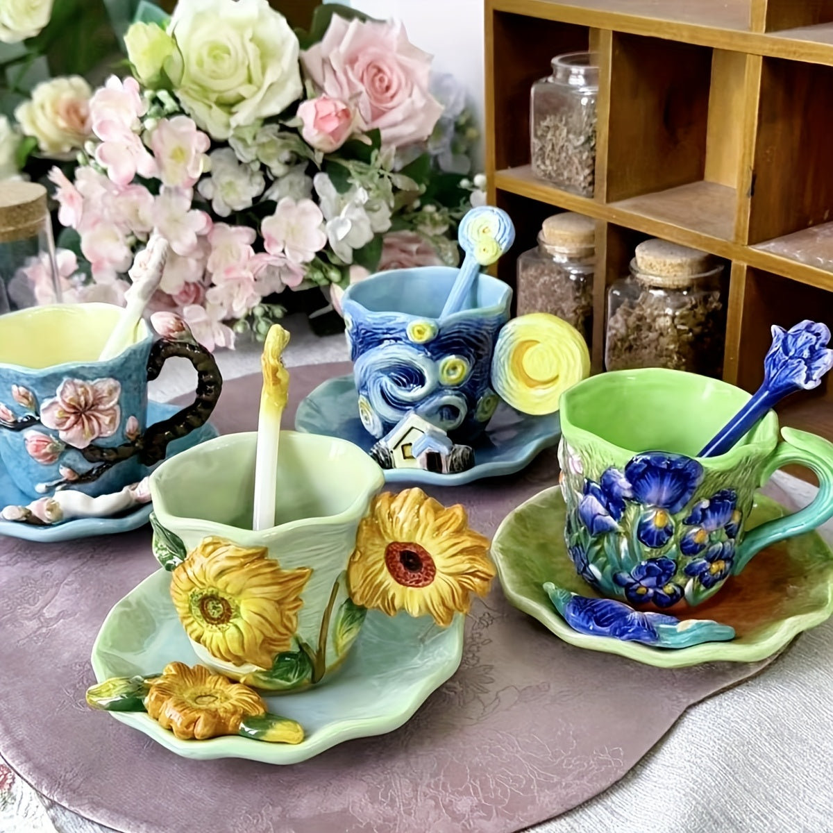 ImpreSip | Handgeschilderde Van Gogh keramische kop en schotel set – 3D zonnebloemen, irissen en sterrennachtontwerp