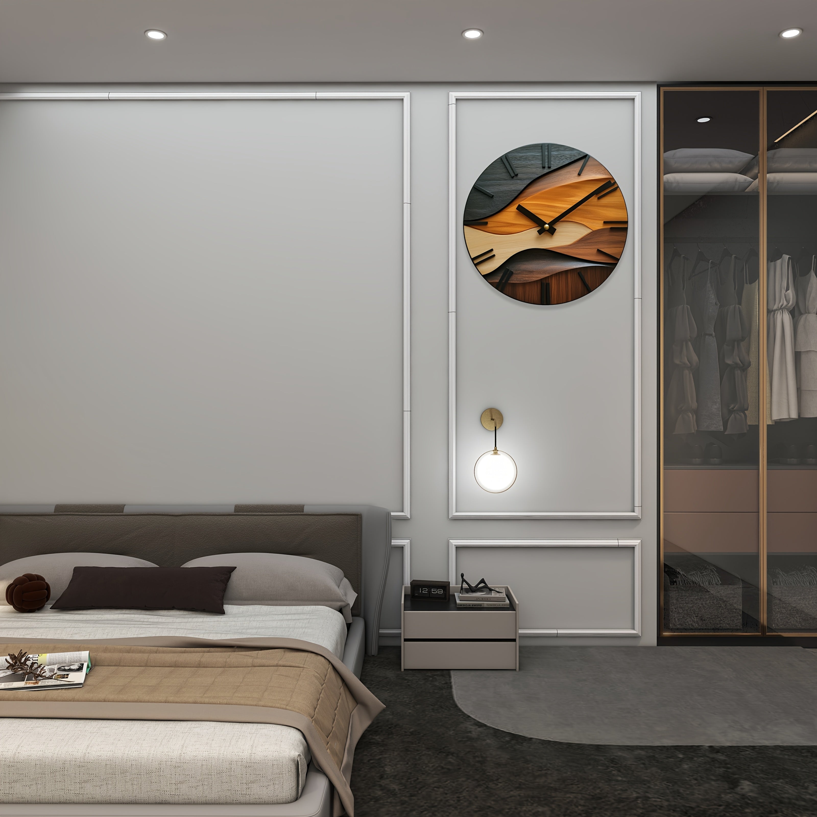 TimeRipple | 12″ Artistieke Ronde Glazen Wandklok - Scandinavisch Houtnerf-Gegolfd Ontwerp, 3 mm Gehard Glas Decor