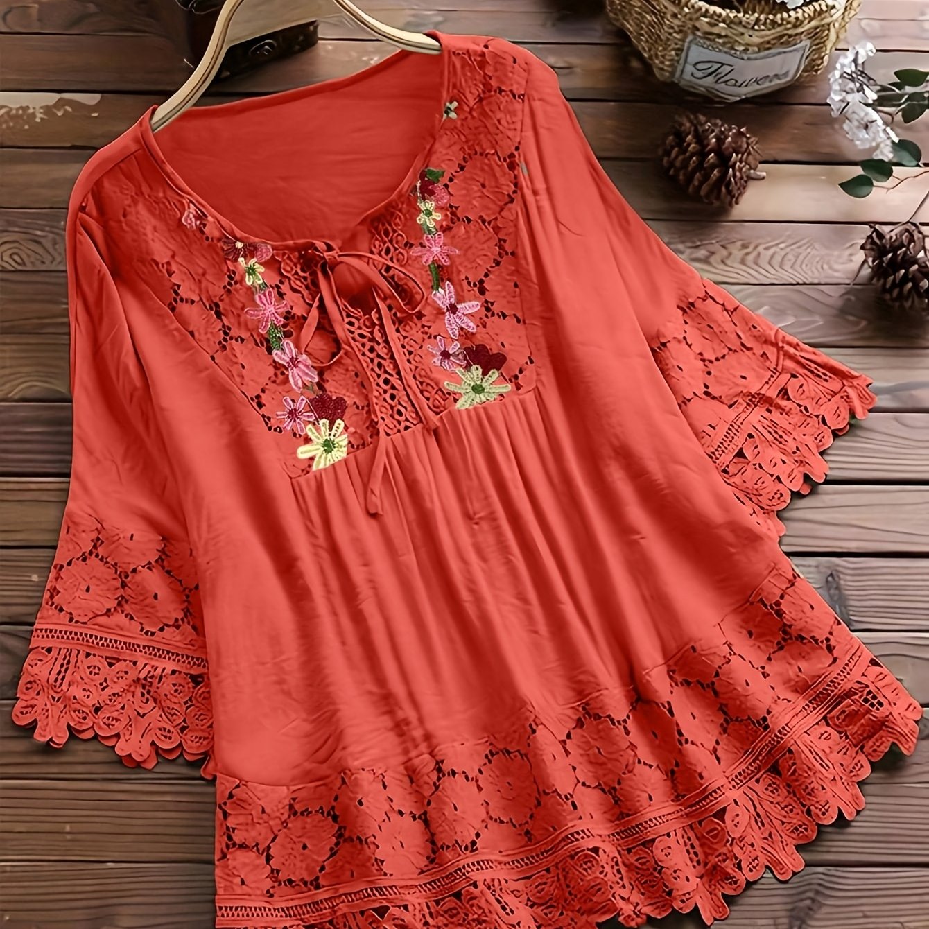 Vayla | Casual kanten damesblouse – Lente-zomerblouse met lange mouwen en patchwork