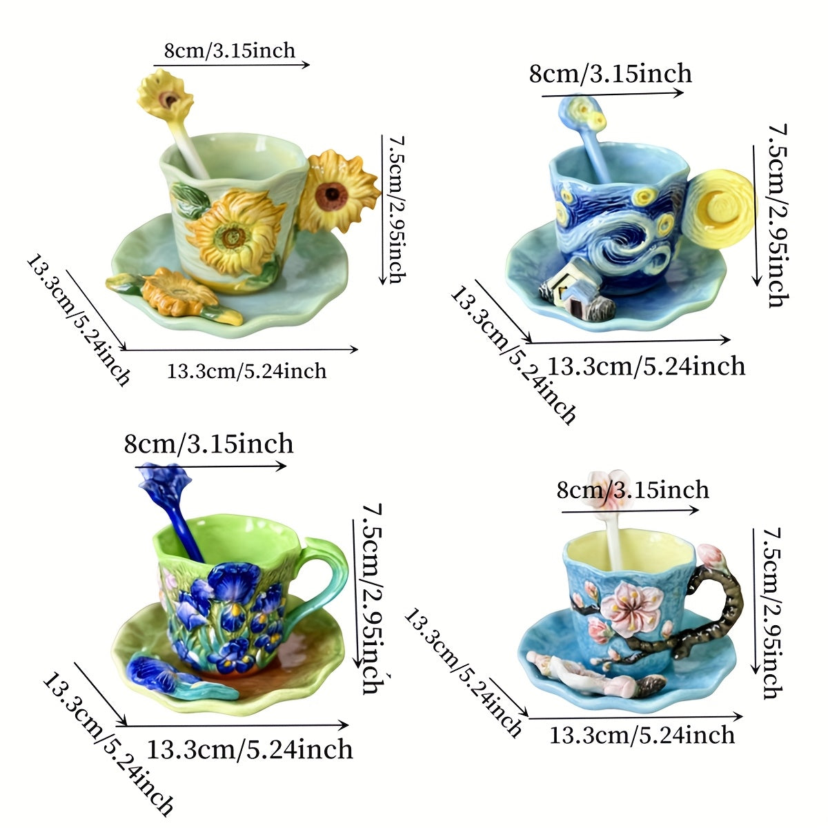 ImpreSip | Handgeschilderde Van Gogh keramische kop en schotel set – 3D zonnebloemen, irissen en sterrennachtontwerp