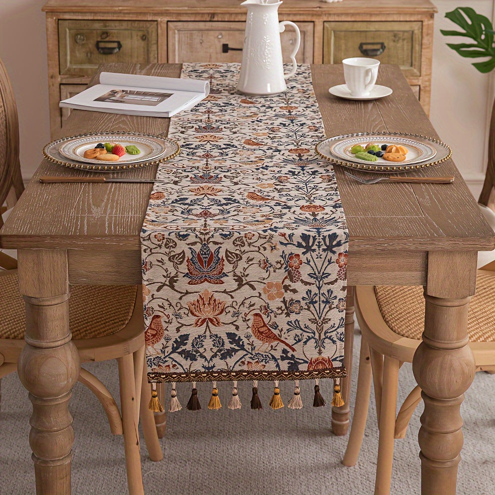 FloralVista | Vintage tafelloper met kwastjes - rustiek landelijk decoratief tafelkleed