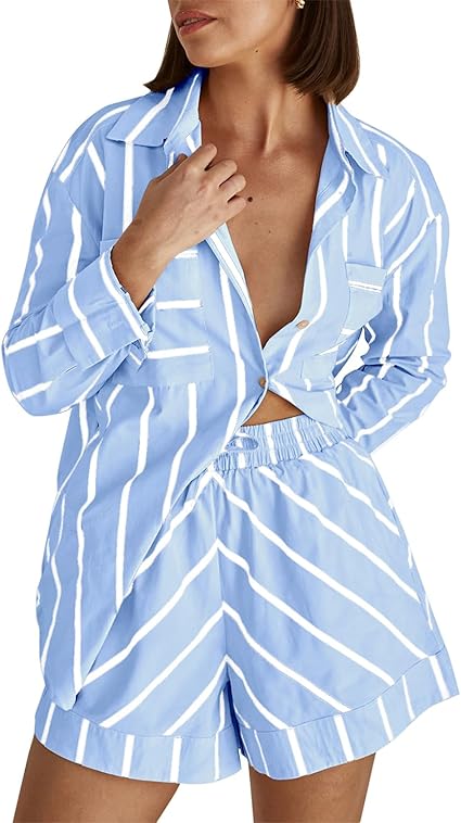Texina | Casual Shorts Set – Lange Mouwen Overhemd met Knopen & Losvallende Shorts met Lijnenpatroon