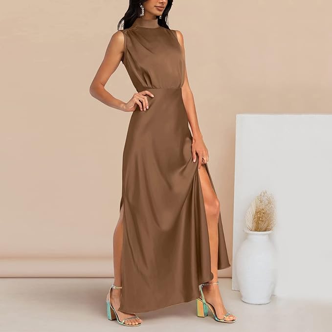 Vaila | Elegante maxi-jurk voor dames – Lange, formele jurk van satijn met hoge hals en split