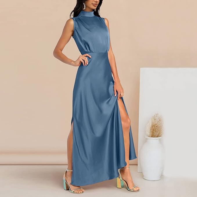 Vaila | Elegante maxi-jurk voor dames – Lange, formele jurk van satijn met hoge hals en split