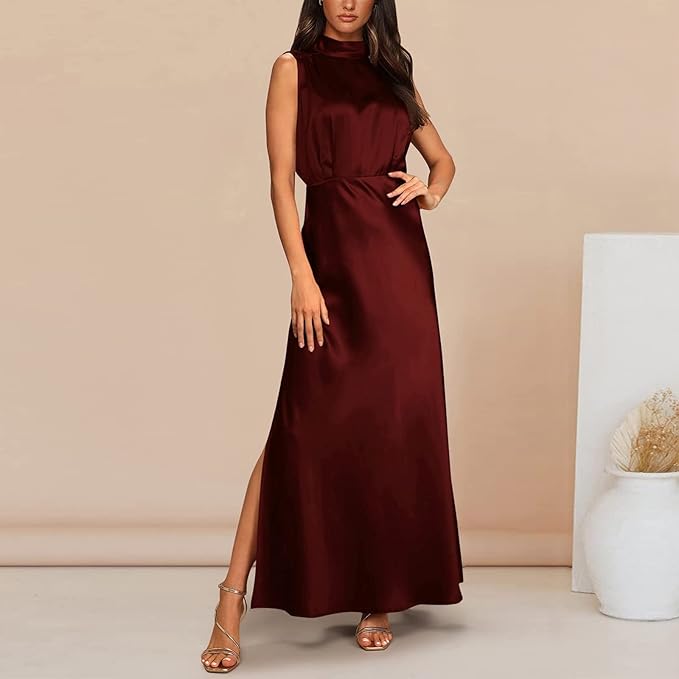 Vaila | Elegante maxi-jurk voor dames – Lange, formele jurk van satijn met hoge hals en split
