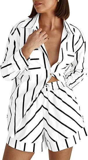 Texina | Casual Shorts Set – Lange Mouwen Overhemd met Knopen & Losvallende Shorts met Lijnenpatroon