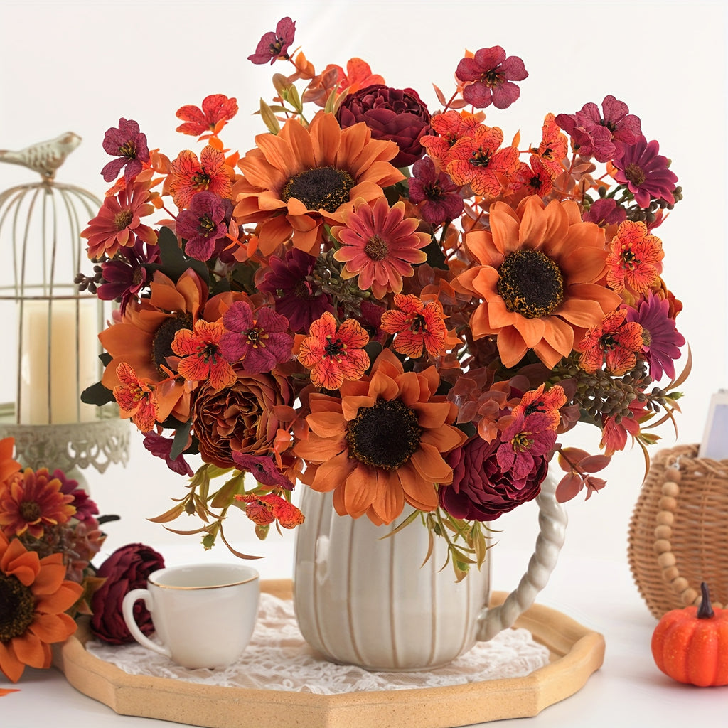 AutumnBloom | 4 stuks kunstbloemenarrangement voor de herfst – boeket met zonnebloemen, pioenrozen en madeliefjes