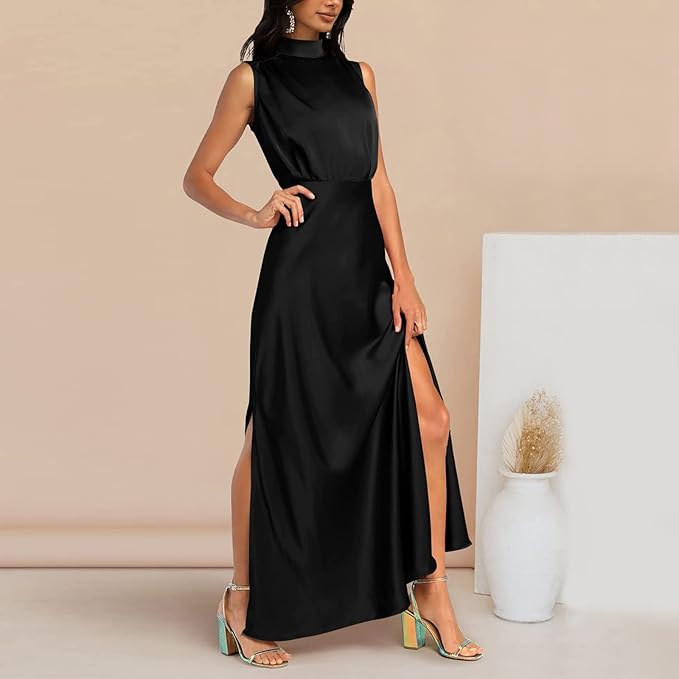 Vaila | Elegante maxi-jurk voor dames – Lange, formele jurk van satijn met hoge hals en split