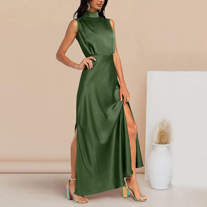 Vaila | Elegante maxi-jurk voor dames – Lange, formele jurk van satijn met hoge hals en split