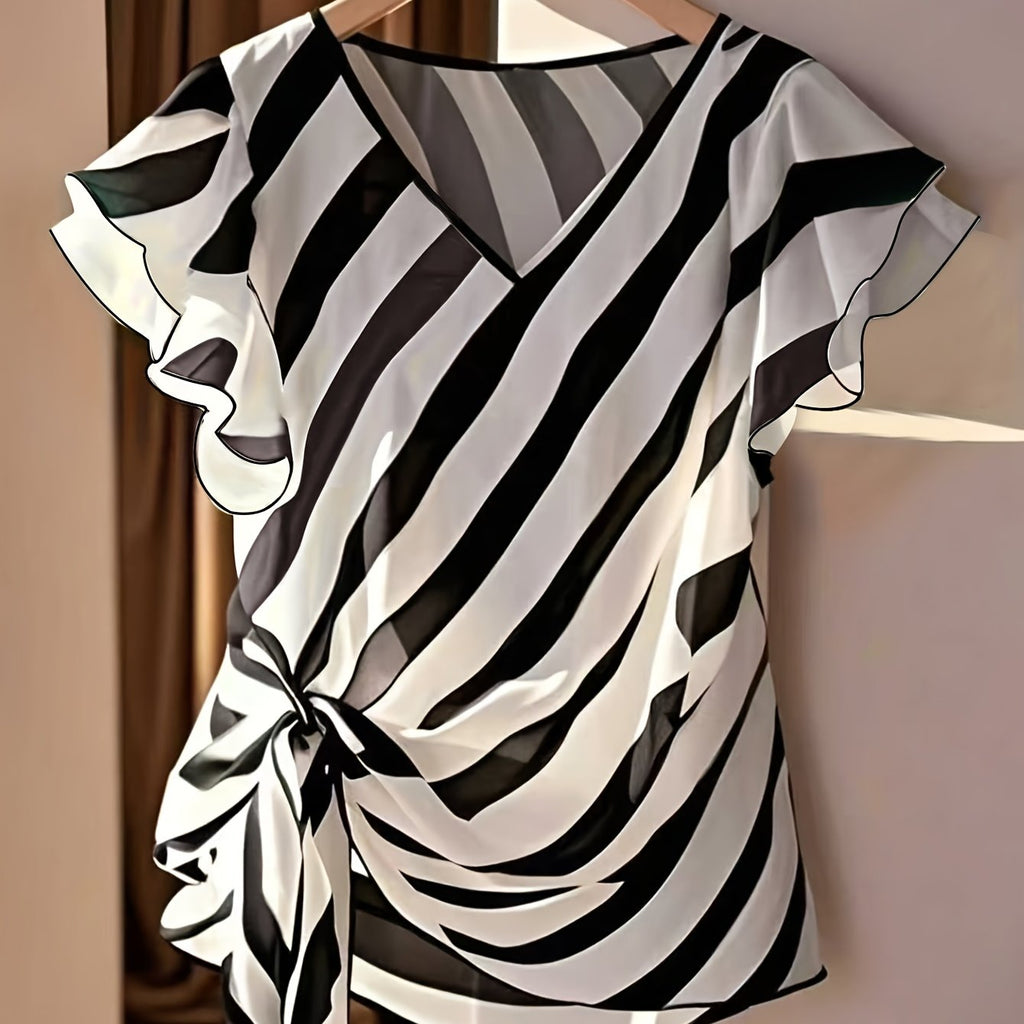 Saelyn | Gestreepte damestop met V-hals – Blouse met strik in de taille