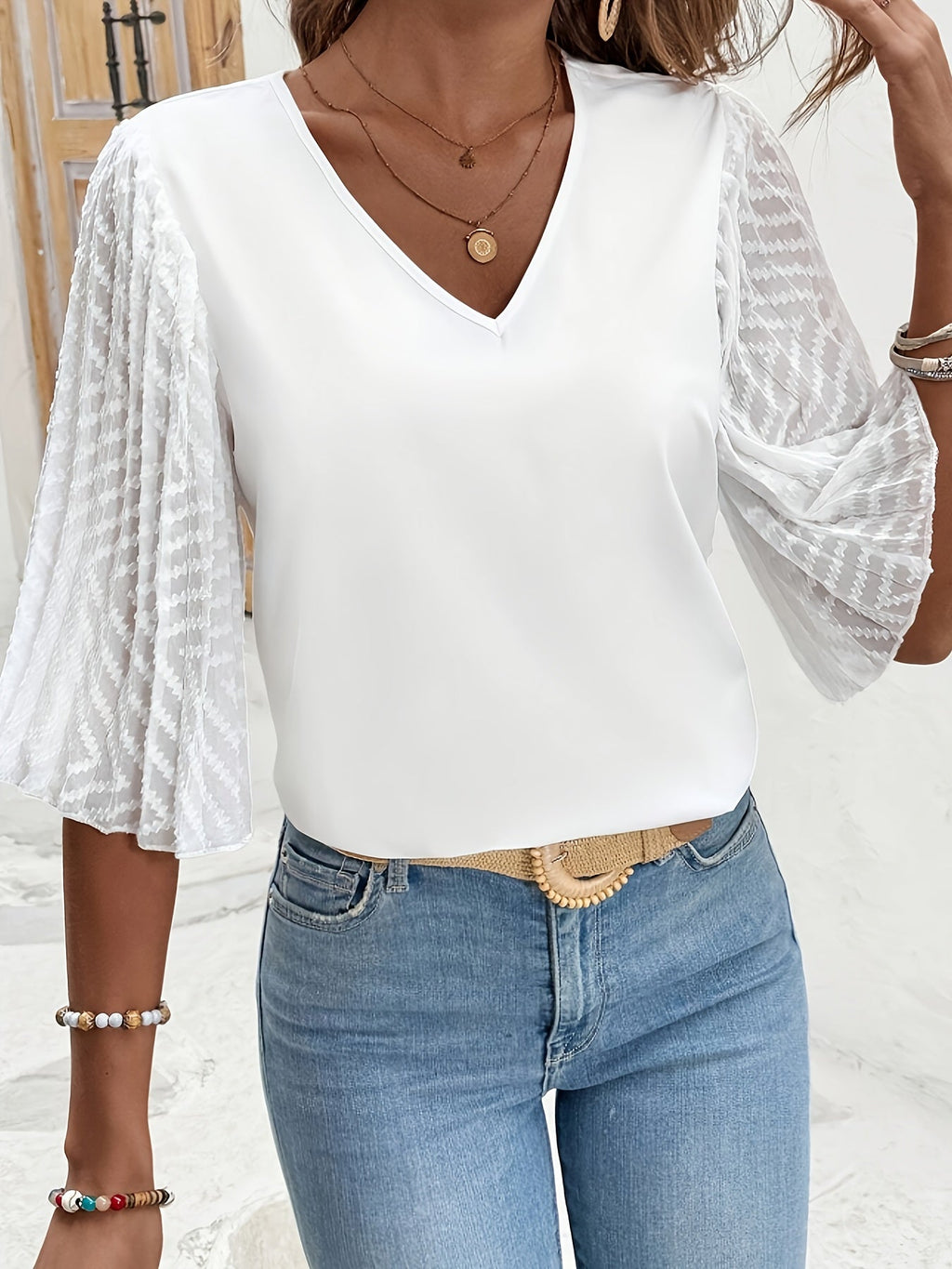 Mirelina | Damesblouse met lange mouwen – V-hals met relaxte pasvorm voor dagelijks gebruik