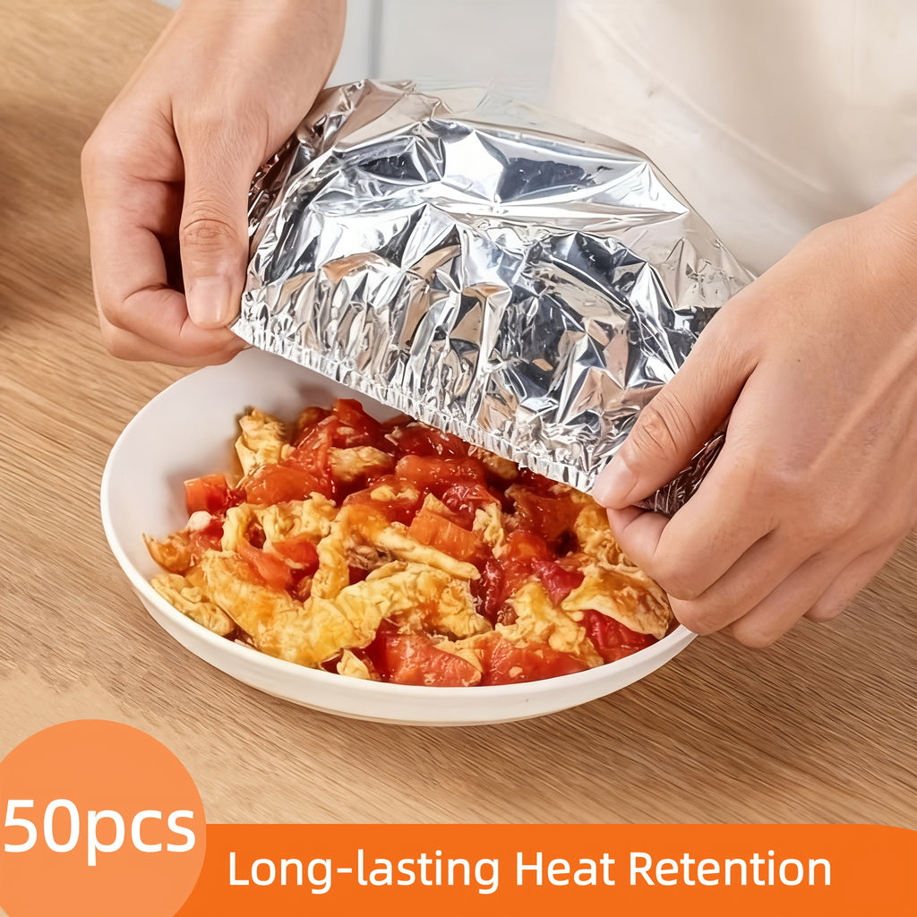 MealGuard | Rekbare aluminiumfolie voedselafdekkingen – 50 stuks, herbruikbare luchtdichte deksels voor kommen en borden