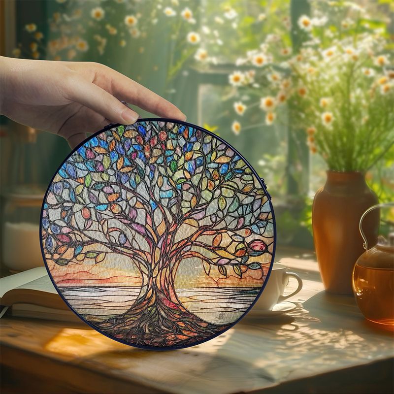 LifeGlow | Handgemaakte levensboom zonnevanger van gebrandschilderd glas - Levendige raamdecoratie