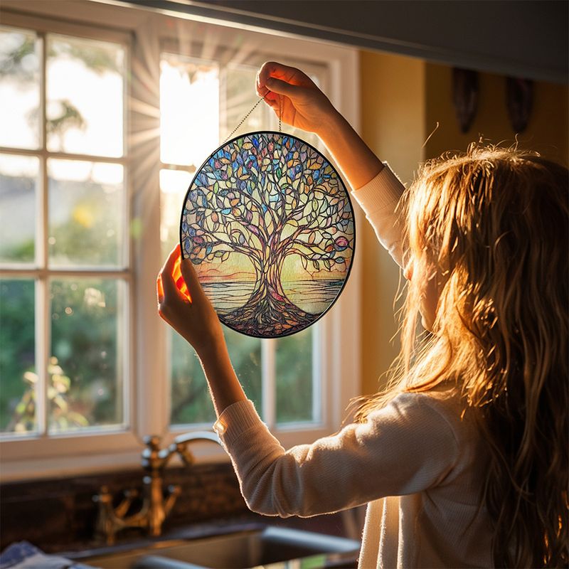 LifeGlow | Handgemaakte levensboom zonnevanger van gebrandschilderd glas - Levendige raamdecoratie