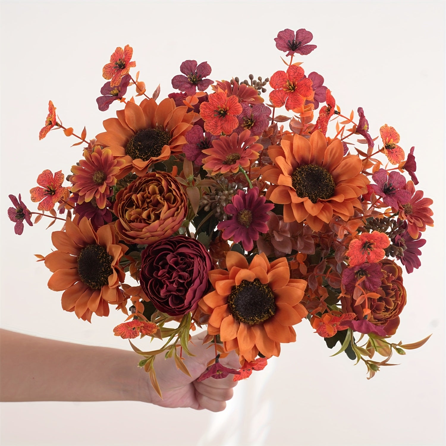 AutumnBloom | 4 stuks kunstbloemenarrangement voor de herfst – boeket met zonnebloemen, pioenrozen en madeliefjes