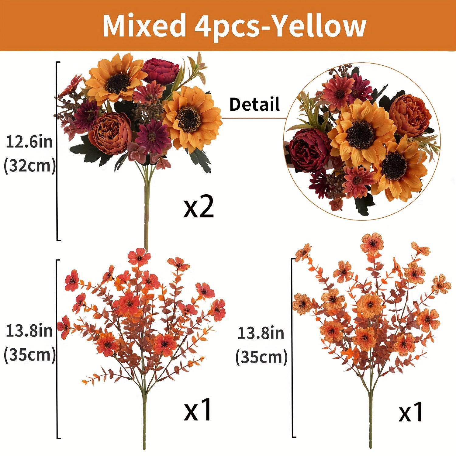 AutumnBloom | 4 stuks kunstbloemenarrangement voor de herfst – boeket met zonnebloemen, pioenrozen en madeliefjes