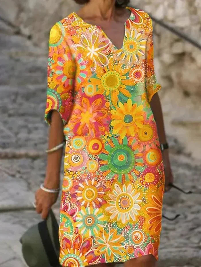 Sylina | Dames Bloemen V-Hals Midi Jurk – Lichtgewicht Elegante Zomerjurk