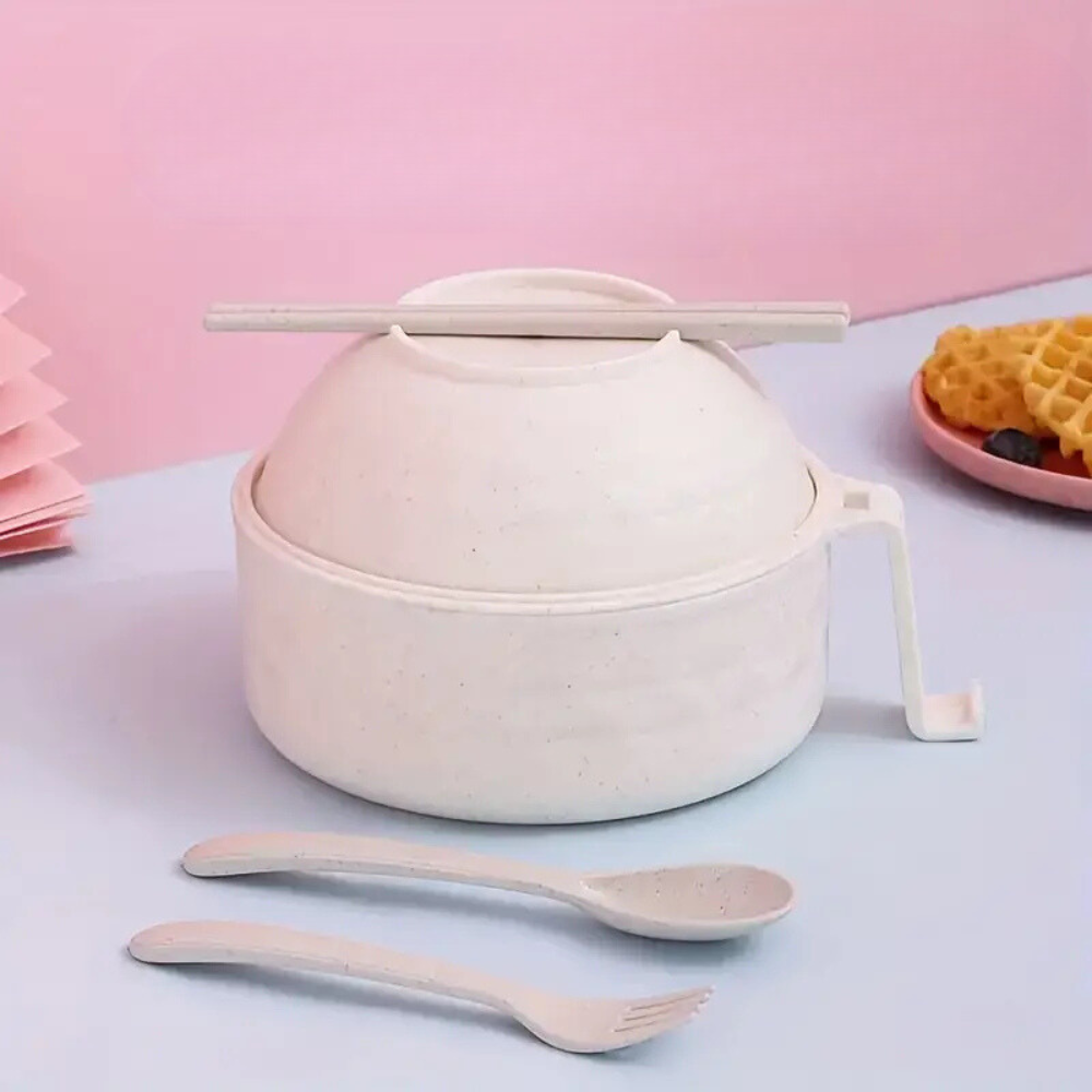 BrothBowl | Ramen-soepkomset – Kom voor tarwestro-noedels met deksel, eetstokjes, lepel en vork