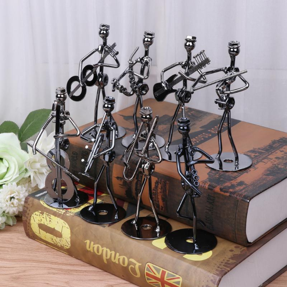 MetalMuse | Rockband Metal-beeldjes – Handgemaakte muzieksculpturen, gitaar- en drummer-tafeldecoratie