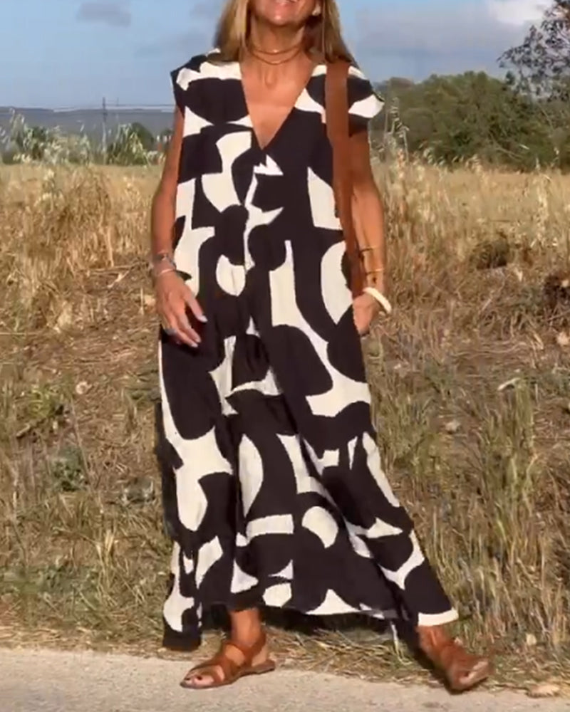 Dorevia | Dames jurk met print en V-hals – korte mouwen, losse pasvorm, zomer casual feest
