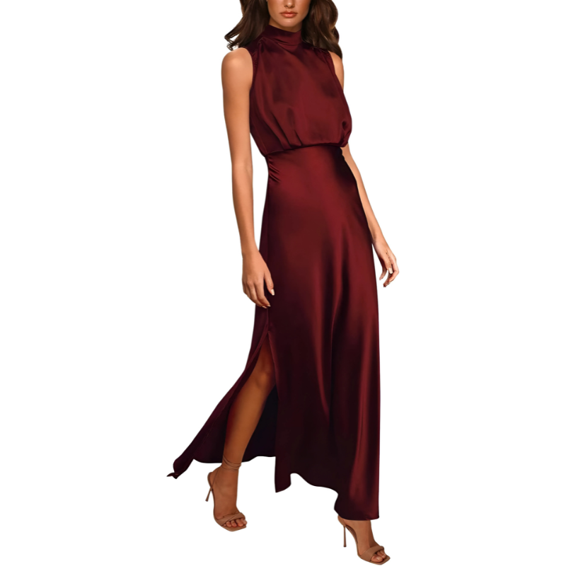 Vaila | Elegante maxi-jurk voor dames – Lange, formele jurk van satijn met hoge hals en split