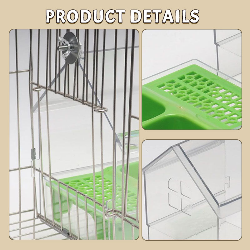 PerchHouse | Vogelvoederstation met dak, transparante 3-in-1 voederbak, bad en waterbak voor kooi of balkon