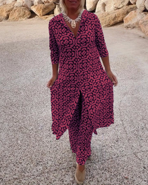 Claire | Dames Tweedelige Set met Geometrische Print – Lange Mouwen V-Hals Top & Broek