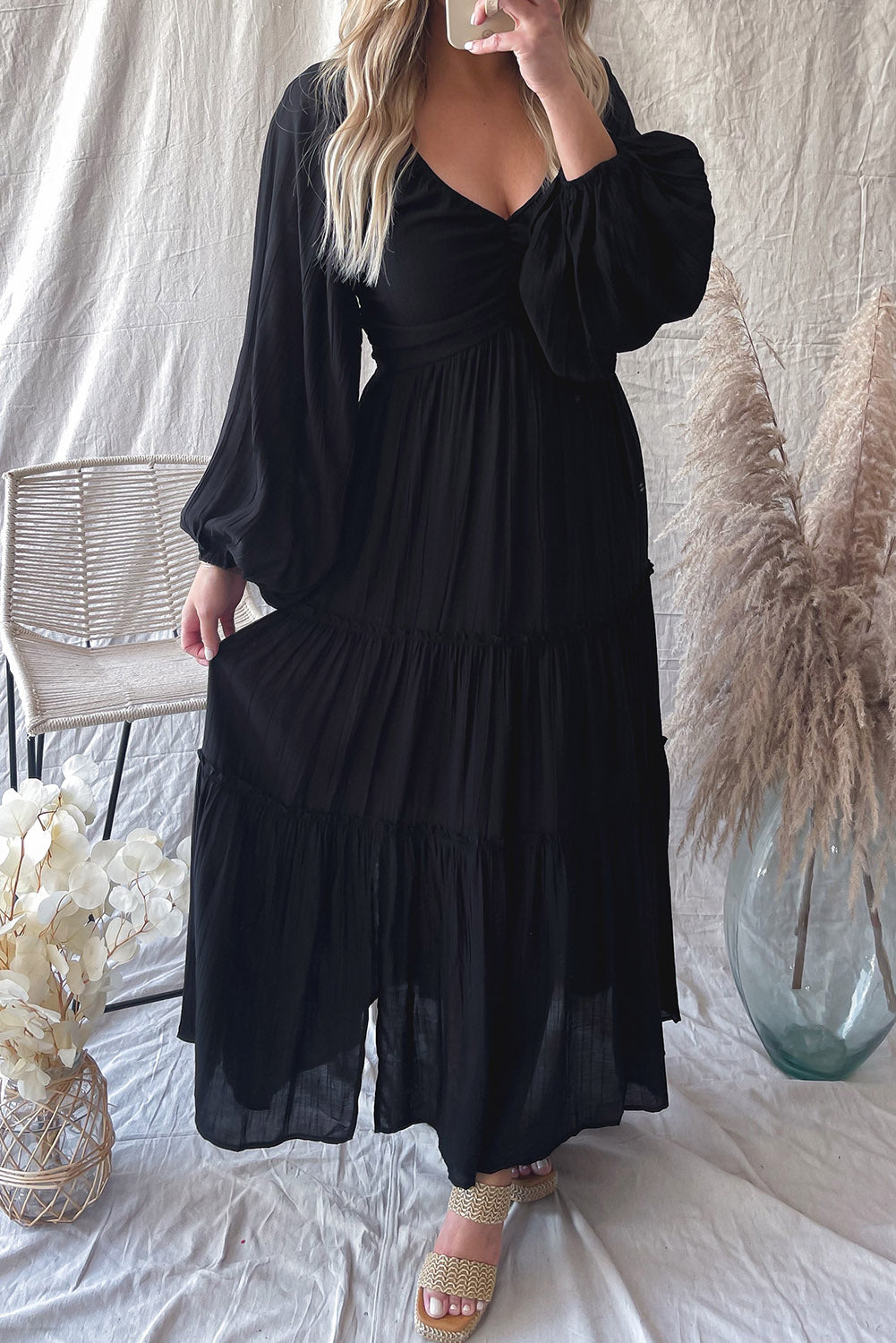 Sinae | Dames V-hals Maxi Jurk met Cut-Out – Boho Avondjurk met Strikdetail en Franjes