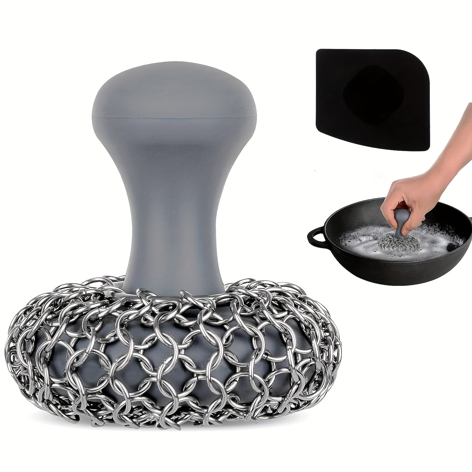 ToughMesh | 2 stuks heavy-duty gietijzeren en siliconen pannenschuursponsjes – maliënkoldertextuur, krasvrije
