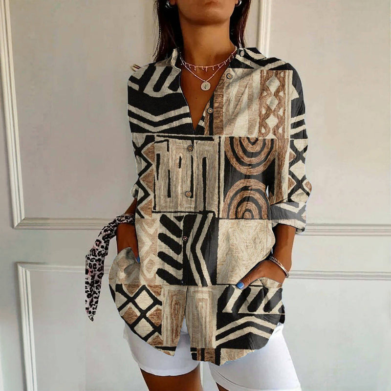 Aelix | Abstracte print blouse voor dames – vintage stijl blouse met knoopsluiting