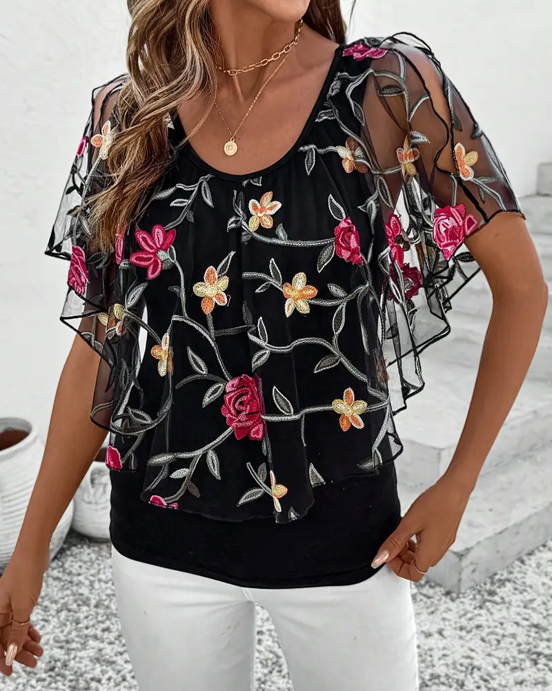 Kaelis | Dames Mesh Blouse met Bloemenborduurwerk – Elegante Lichtgewicht Top