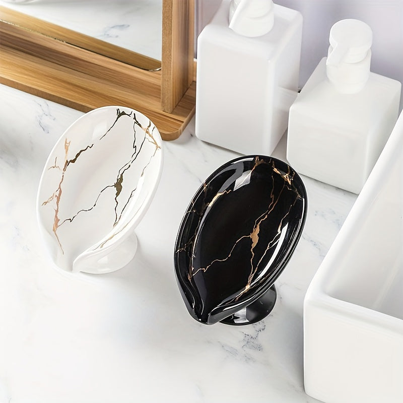 SoapLuxe | Keramisch Zelfafvoerend Zeeprek – Bladvormig Marmeren Zeepbakje